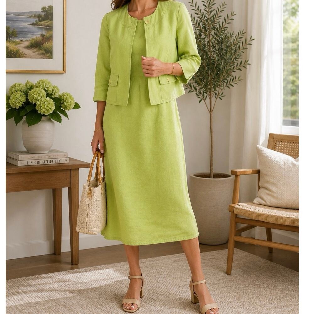 Vtg 90s Y2K Talbots 6 Petites Linen Blend Dress Jacket Set Lime Chartreuse Green